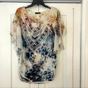 Espresso Sublimation Boho Flutter Sleeve Top 1X